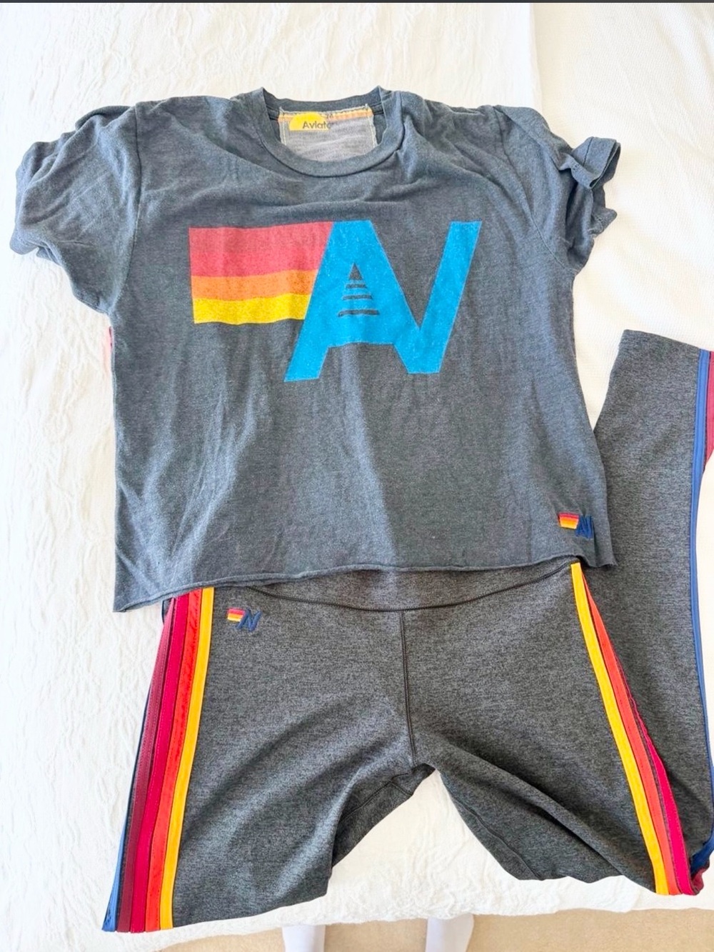 Aviator Nation Gray Heather Leggings with Multicolor Rainbow Side Stripes